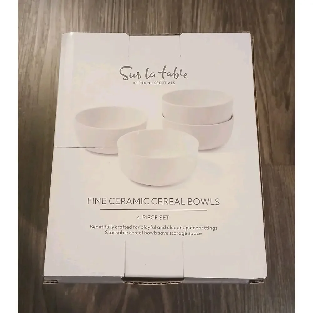 Set of 4 Sur La Table Kitchen Essentials Fine Ceramic Cereal Bowls - White 5.75